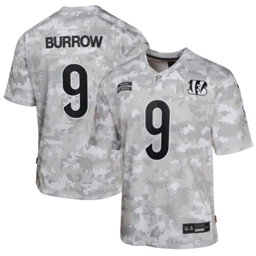 68615675ddb13_1 Youth Cincinnati Bengals Joe Burrow Arctic Camo 2024 Salute to Service Game Jersey