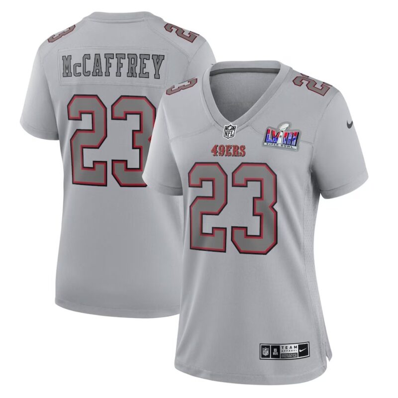 68615a4da9af8_1 Women's San Francisco 49ers #23 Christian McCaffrey Gray Super Bowl LVIII Atmosphere Fashion Game Jersey