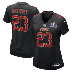 68615a5054d49_1 Women's San Francisco 49ers #23 Christian McCaffrey Black Super Bowl LVIII Carbon Fashion Game Player Jersey