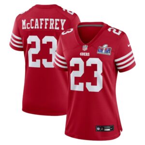 68615a567c816_1 Women's San Francisco 49ers #23 Christian McCaffrey Scarlet Super Bowl LVIII Game Jersey