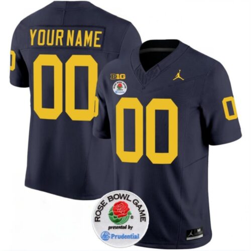 6861607aba3e2_1 Men's Michigan Wolverines ACTIVE PLAYER Custom 2023 F.U.S.E. Navy Blue Rose Bowl Patch Stitched Jersey