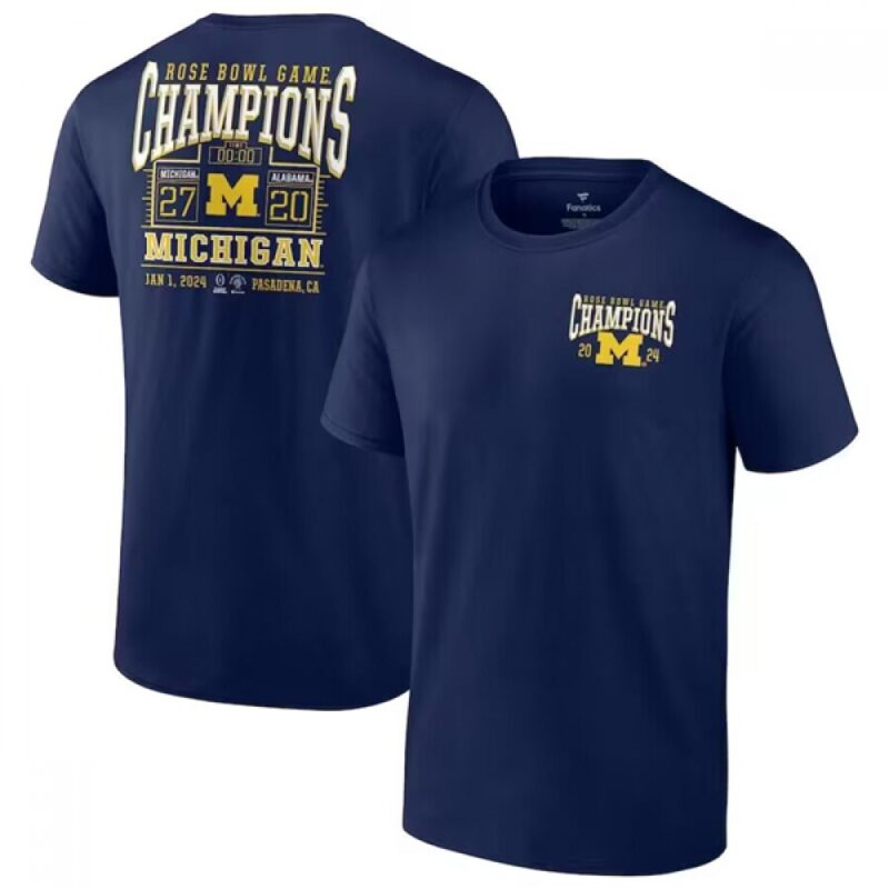 686160c756eb0_1 Men's Michigan Wolverines Navy 2024 Rose Bowl Champions Score T-Shirt