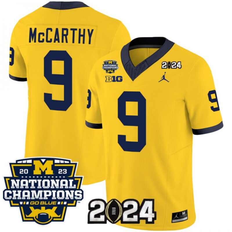 686160e98c3a4_1 Men's Michigan Wolverines #9 J.J. McCarthy Yellow 2024 F.U.S.E. With 2023 National Champions Patch Stitched Jersey