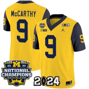 686160f1695d4_1 Men's Michigan Wolverines #9 J.J. McCarthy Yellow/Navy 2024 F.U.S.E. With 2023 National Champions Patch Stitched Jersey