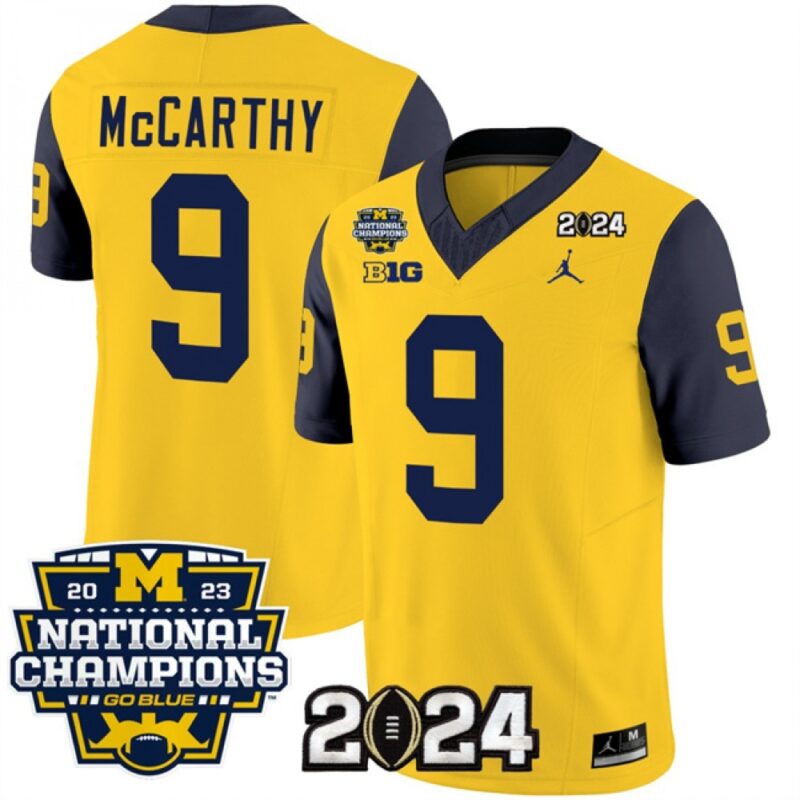 686160f1695d4_1 Men's Michigan Wolverines #9 J.J. McCarthy Yellow/Navy 2024 F.U.S.E. With 2023 National Champions Patch Stitched Jersey