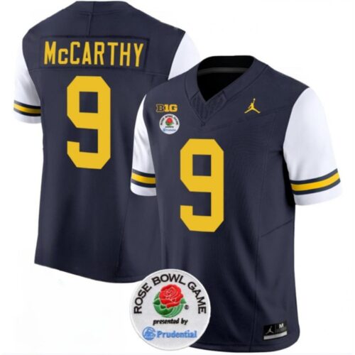 686160fc35931_1 Men's Michigan Wolverines #9 J.J. McCarthy 2023 F.U.S.E. Navy/White Rose Bowl Patch Stitched Jersey