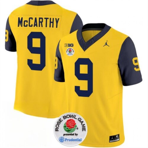 686160fecc380_1 Men's Michigan Wolverines #9 J.J. McCarthy 2023 F.U.S.E. Yellow/Navy Rose Bowl Patch Stitched Jersey