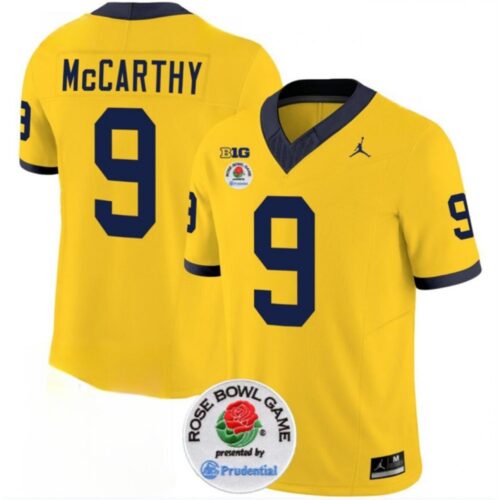 68616103e977c_1 Men's Michigan Wolverines #9 J.J. McCarthy 2023 F.U.S.E. Yellow Rose Bowl Patch Stitched Jersey