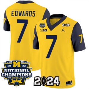 68616150d1738_1 Men's Michigan Wolverines #7 Donovan Edwards Yellow/Navy 2024 F.U.S.E. With 2023 National Champions Patch Stitched Jersey