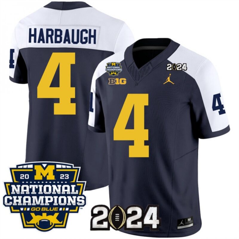 6861618d8cb54_1 Men's Michigan Wolverines #4 Jim Harbaugh Navy/White 2024 F.U.S.E. With 2023 National Champions Patch Stitched Jersey