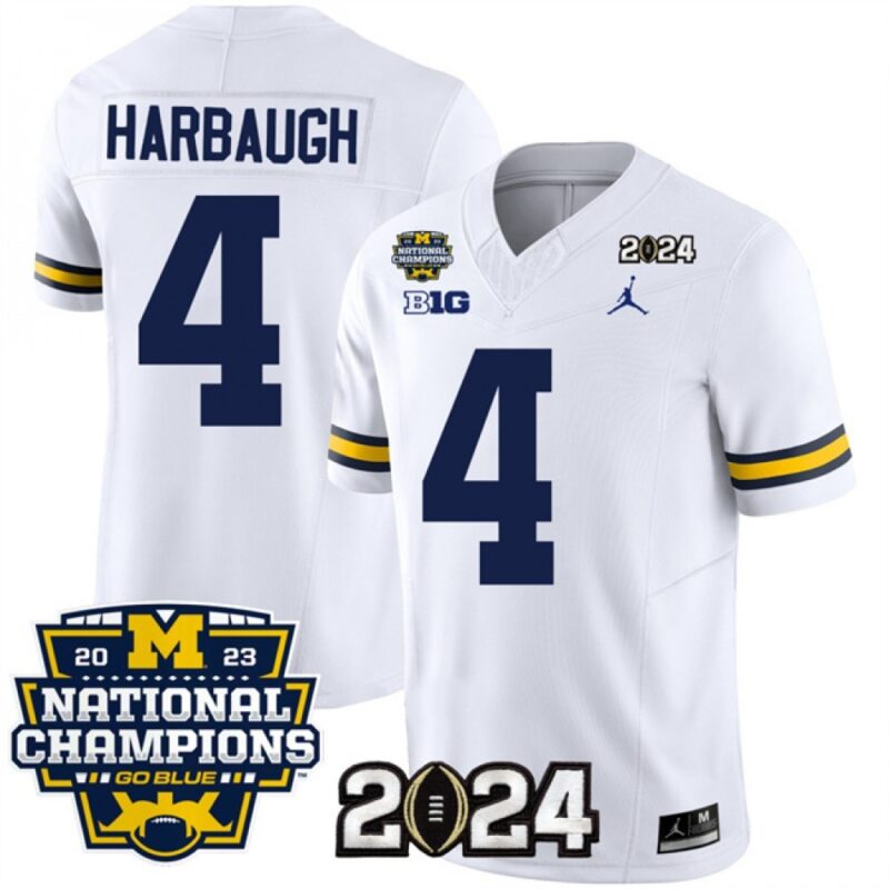 68616192e2737_1 Men's Michigan Wolverines #4 Jim Harbaugh White 2024 F.U.S.E. With 2023 National Champions Patch Stitched Jersey