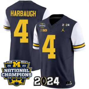 6861619aeeaa7_1 Men's Michigan Wolverines #4 Jim Harbaugh Navy/White 2024 F.U.S.E. With 2023 National Champions Patch Stitched Jersey