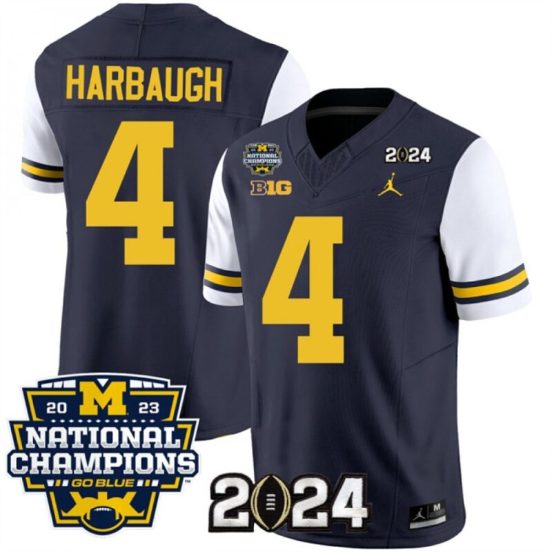 6861619aeeaa7_1 Men's Michigan Wolverines #4 Jim Harbaugh Navy/White 2024 F.U.S.E. With 2023 National Champions Patch Stitched Jersey