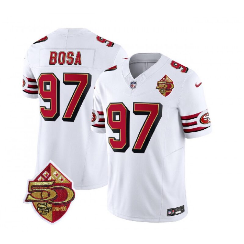 6861669655a61_1 Men's San Francisco 49ers #97 Nick Bosa White 2023 F.U.S.E. 50th Patch Throwback Stitched Football Jersey