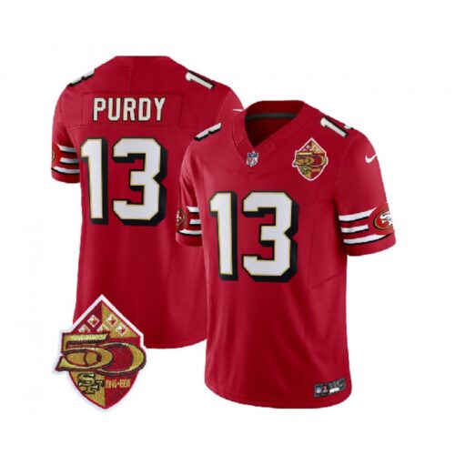 686166ef06256_1 Women's San Francisco 49ers #13 Brock Purdy Red 2023 F.U.S.E. 50th Patch Vapor Limited Stitched Football Jersey(Run Small)