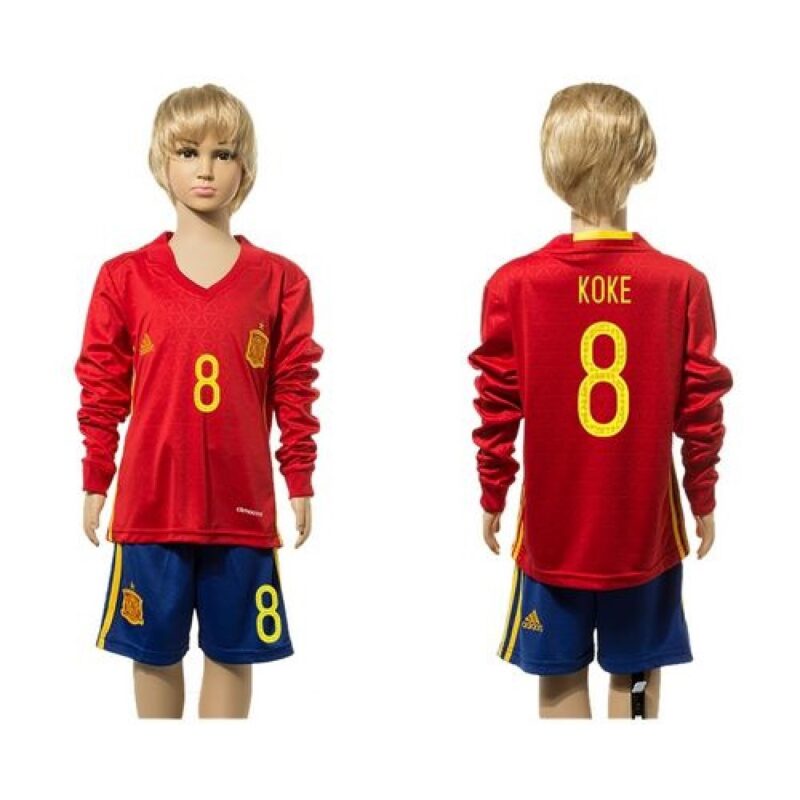 68616b05eeb16_1 Spain #8 Koke Red Home Long Sleeves Kid Soccer Country Jersey