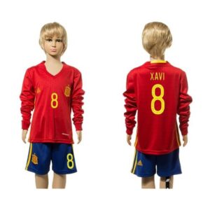 68616b08b5d9b_1 Spain #8 Xavi Red Home Long Sleeves Kid Soccer Country Jersey