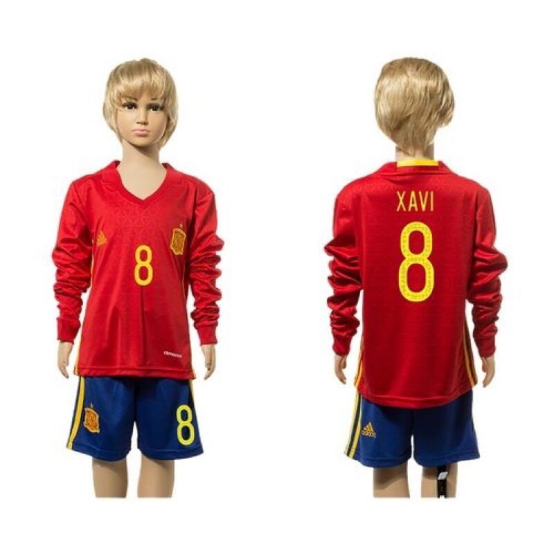 68616b08b5d9b_1 Spain #8 Xavi Red Home Long Sleeves Kid Soccer Country Jersey