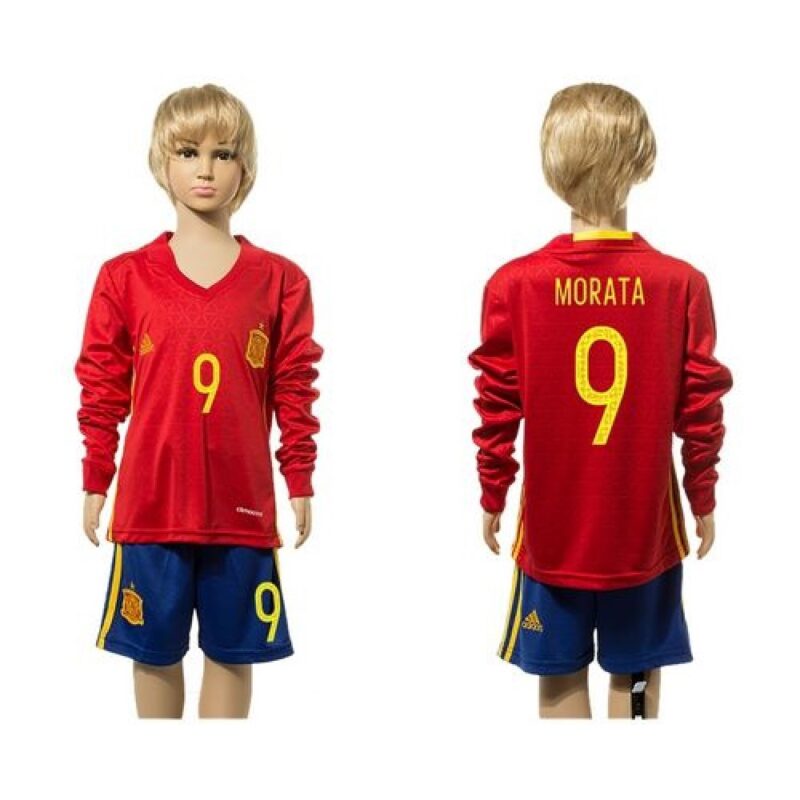 68616b14014bf_1 Spain #9 Morata Red Home Long Sleeves Kid Soccer Country Jersey