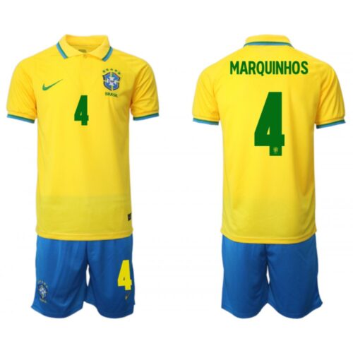 68616b9972821_1 Men's Brazil #4 Marquinhos Yellow Home Soccer Jersey Suit
