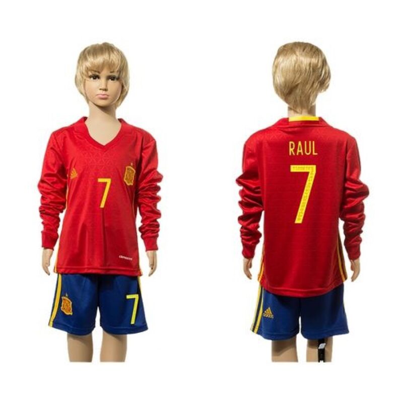 68616bfcee27e_1 Spain #7 Raul Red Home Long Sleeves Kid Soccer Country Jersey