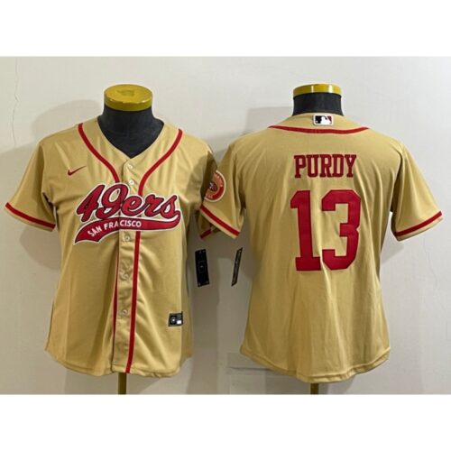 68616e2609c8d_1 Youth San Francisco 49ers #13 Brock Purdy Gold With Patch Cool Base Stitched Baseball Jersey