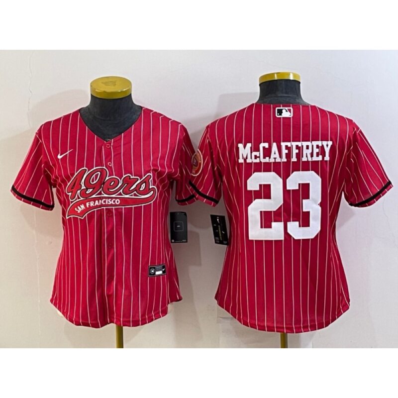 68616e9d04aab_1 Youth San Francisco 49ers #23 Christian McCaffrey Red With Patch Cool Base Stitched Baseball Jersey
