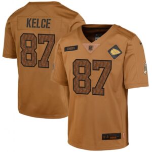 68617a92eec7d_1 Youth Kansas City Chiefs #87 Travis Kelce 2023 Brown Salute To Service Limited Stitched Football Jersey