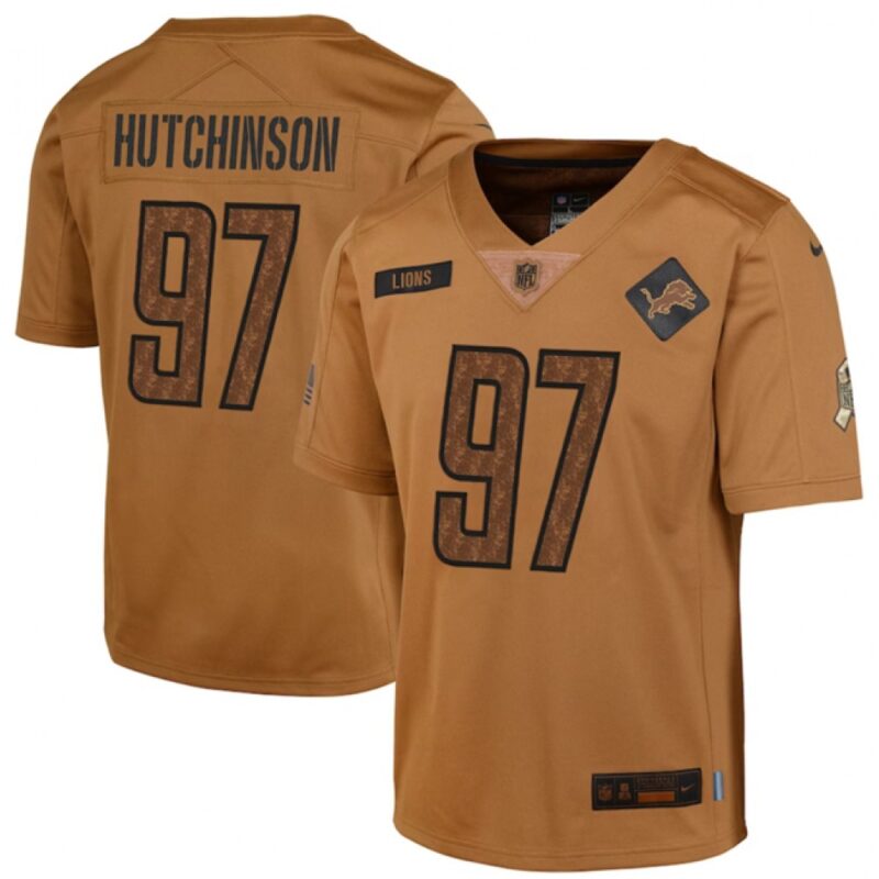 68617e301dcde_1 Youth Detroit Lions #97 Aidan Hutchinson 2023 Brown Salute To Service Limited Stitched Football Jersey