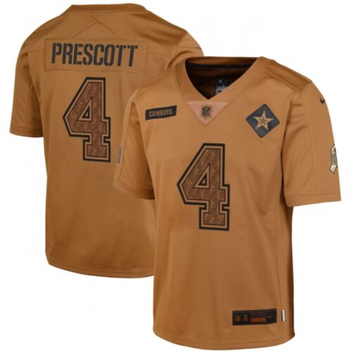 686182c42de1d_1 Youth Dallas Cowboys #4 Dak Prescott 2023 Brown Salute To Service Limited Stitched Football Jersey