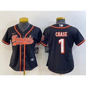 6861837053617_1 Youth Cincinnati Bengals #1 Ja'Marr Chase Black With Patch Cool Base Stitched Baseball Jersey