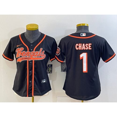 6861837053617_1 Youth Cincinnati Bengals #1 Ja'Marr Chase Black With Patch Cool Base Stitched Baseball Jersey