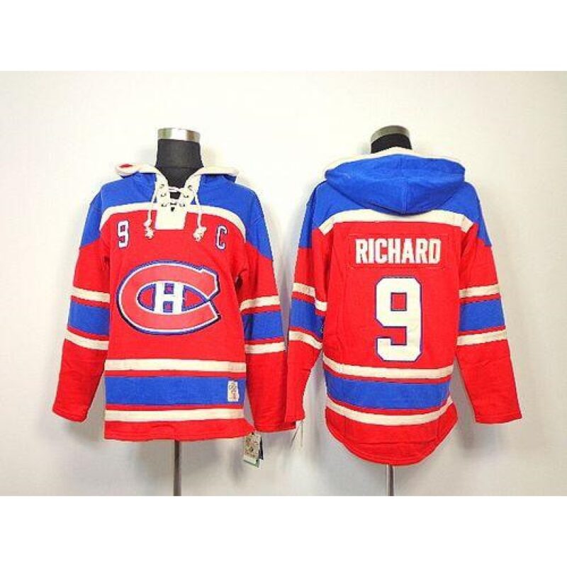 686184e8a6d43_1 Canadiens #9 Maurice Richard Red Sawyer Hooded Sweatshirt Stitched NHL Jersey
