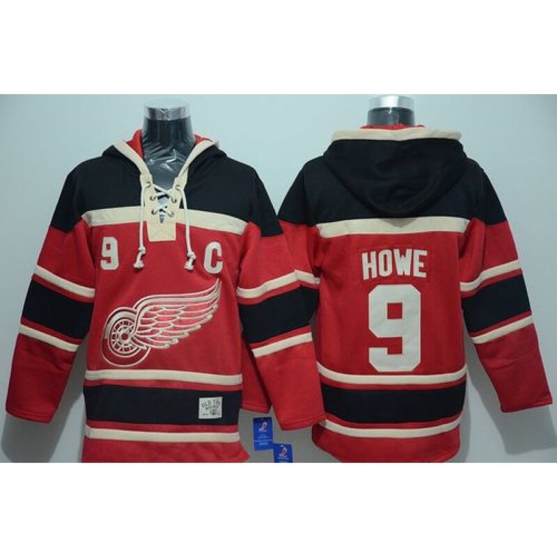 68618574d88aa_1 Red Wings #9 Gordie Howe Red Sawyer Hooded Sweatshirt Stitched NHL Jersey