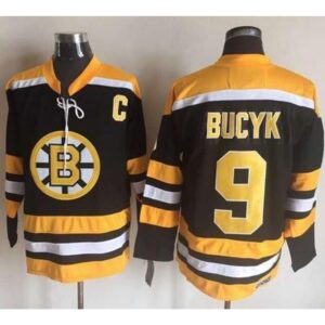 6861857fe8136_1 Bruins #9 Johnny Bucyk Black/Yellow CCM Throwback New Stitched NHL Jersey