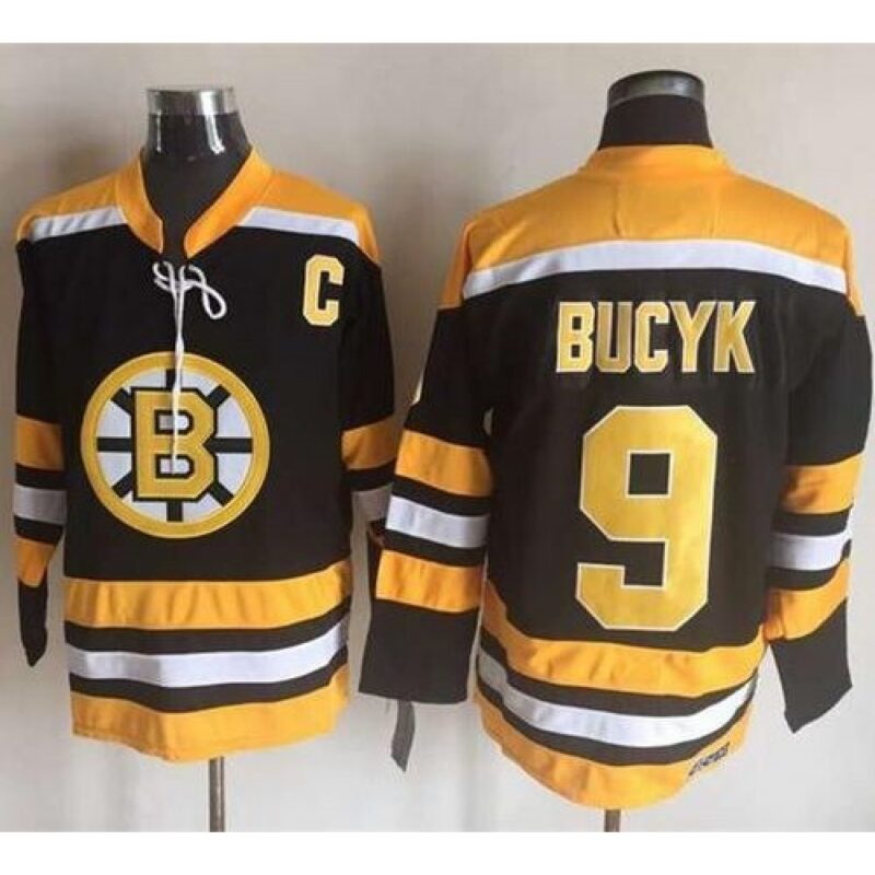 6861857fe8136_1 Bruins #9 Johnny Bucyk Black/Yellow CCM Throwback New Stitched NHL Jersey