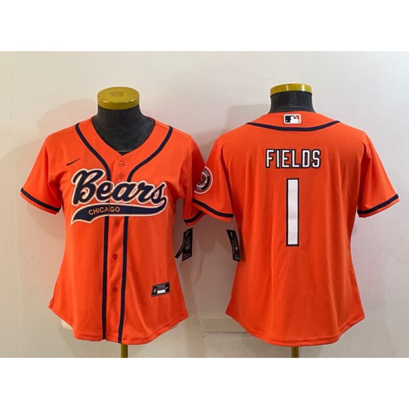 686185b343122_1 Youth Chicago Bears #1 Justin Fields Orange With Patch Cool Base Stitched Baseball Jersey