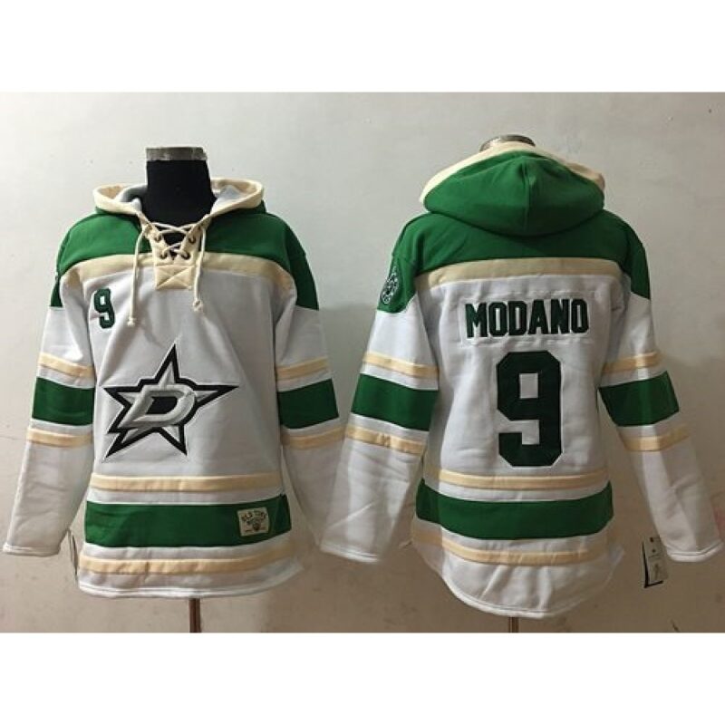6861860fee4dd_1 Stars #9 Mike Modano White Sawyer Hooded Sweatshirt Stitched NHL Jersey