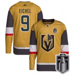 68618642e03e7_1 Men's Vegas Golden Knights #9 Jack Eichel Gold 2023 Stanley Cup Final Stitched Jersey