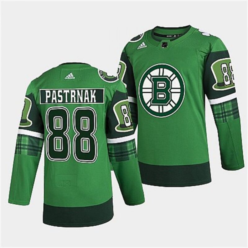 686187d87ce5a_1 Men's Boston Bruins #88 David Pastrnak 2022 Green St Patricks Day Warm-Up Stitched Jersey