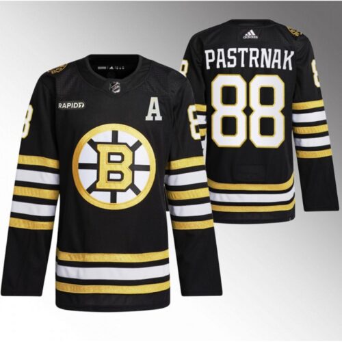 68618898e420a_1 Men's Boston Bruins #88 David Pastrnak Black With Rapid7 Patch 100th Anniversary Stitched Jersey