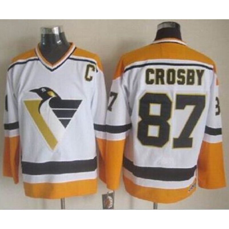 686188dae3e2c_1 Penguins #87 Sidney Crosby White/Yellow CCM Throwback Stitched NHL Jersey