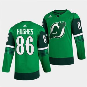 68618a3cb1535_1 Men's New Jersey Devils #86 Jack Hughes Green Warm-Up St Patricks Day Stitched Jersey