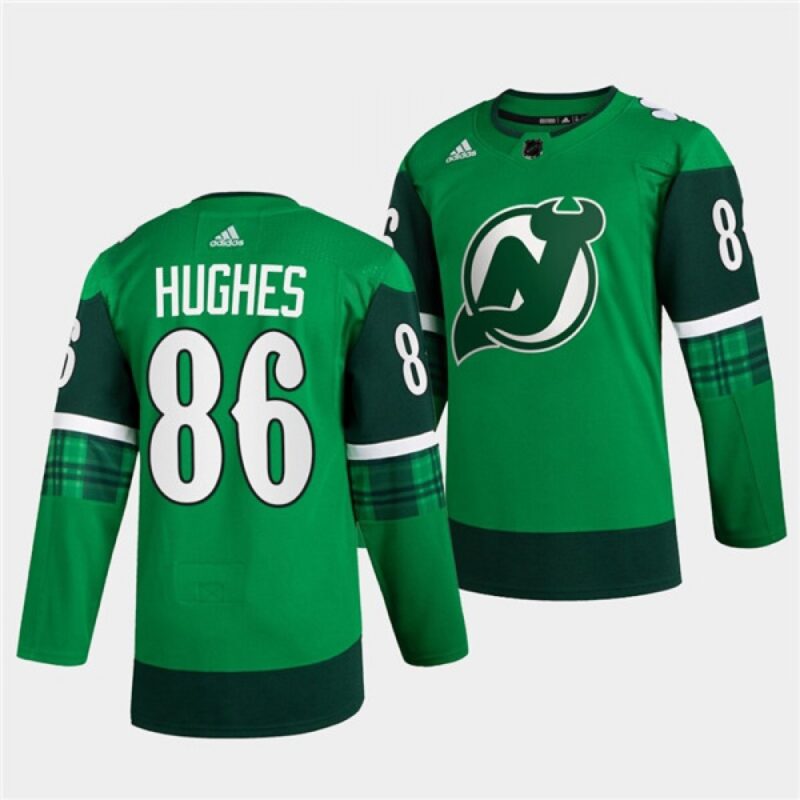 68618a3cb1535_1 Men's New Jersey Devils #86 Jack Hughes Green Warm-Up St Patricks Day Stitched Jersey