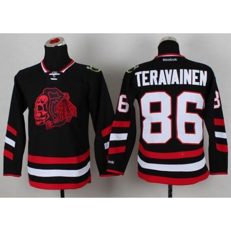 68618a7606513_1 Blackhawks #86 Teuvo Teravainen Black(Red Skull) 2014 Stadium Series Stitched Youth NHL Jersey