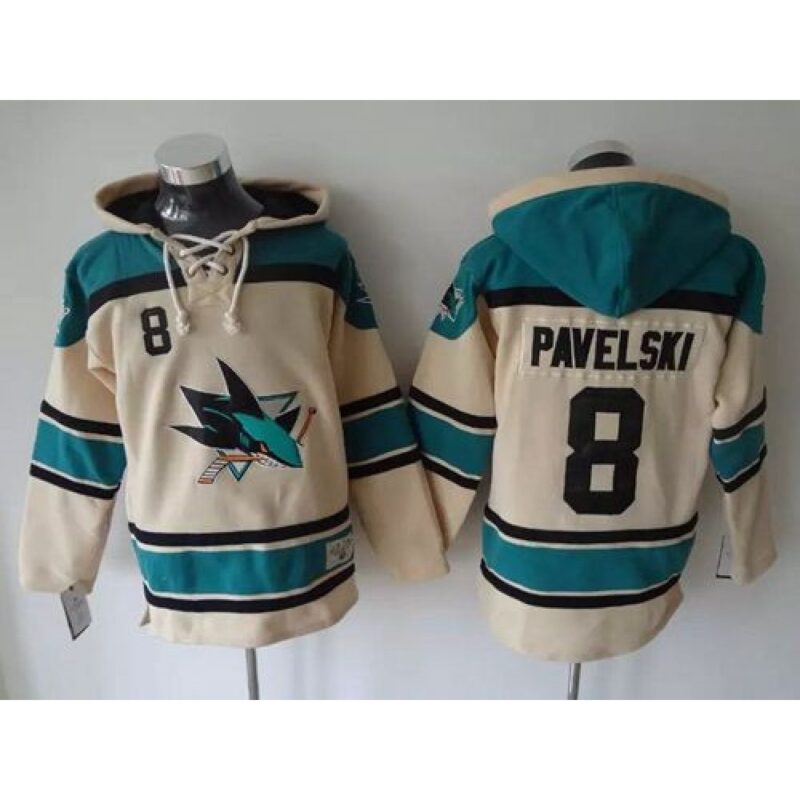 68618b0da6448_1 Sharks #8 Joe Pavelski Cream Sawyer Hooded Sweatshirt Stitched NHL Jersey