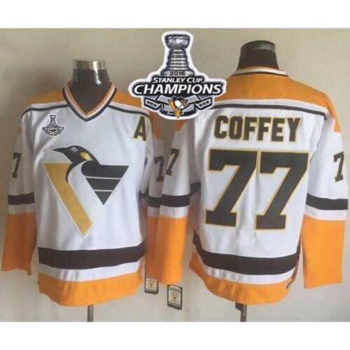 68618cc9e189a_1 Penguins #77 Paul Coffey White/Yellow CCM Throwback 2016 Stanley Cup Champions Stitched NHL Jersey