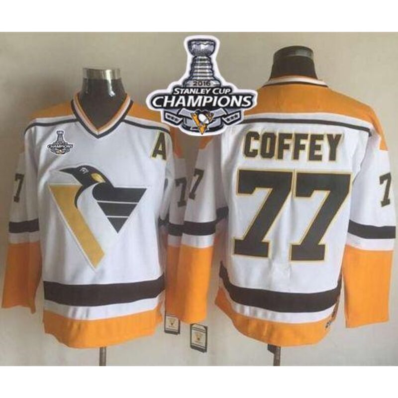 68618cc9e189a_1 Penguins #77 Paul Coffey White/Yellow CCM Throwback 2016 Stanley Cup Champions Stitched NHL Jersey