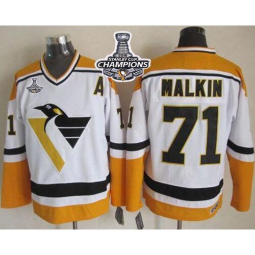 68618fea37b2c_1 Penguins #71 Evgeni Malkin White/Yellow CCM Throwback 2016 Stanley Cup Champions Stitched NHL Jersey