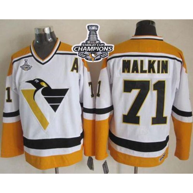 68618fea37b2c_1 Penguins #71 Evgeni Malkin White/Yellow CCM Throwback 2016 Stanley Cup Champions Stitched NHL Jersey